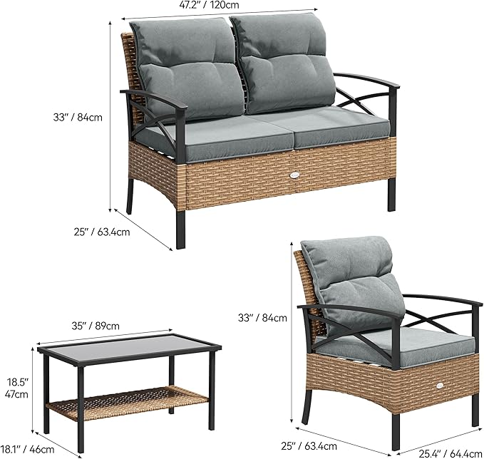 YITAHOME 4 Pieces Patio Furniture Set Outdoor Wicker Patio Conversation Set with Metal Table and Soft Cushions All-Weather Rattan Bistro Set with Loveseat (Light Brown + Gray)