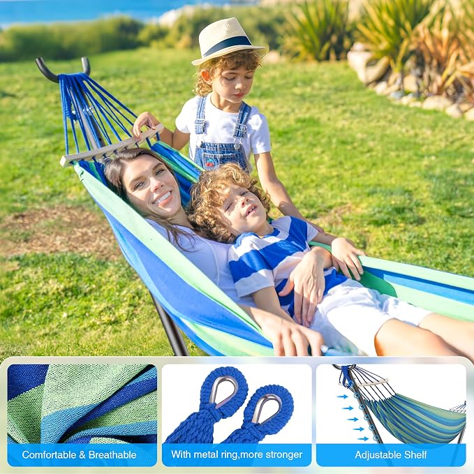 ANAGOO Double Hammock, Heavy Duty Portable, 500 lb Weight Capacity, Perfect for Both Indoors and Outdoors, 2 Person Hammock with Carrying Bag, Wide Blue - Image 3