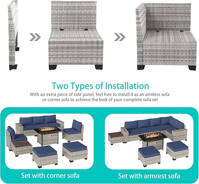9-Piece Outdoor Patio Furniture Set with 55,000 BTU Fire Pit Table, PE Wicker Rattan Sectional Sofa Patio Conversation Set with Ottomans & Coffee Table, Dark Blue