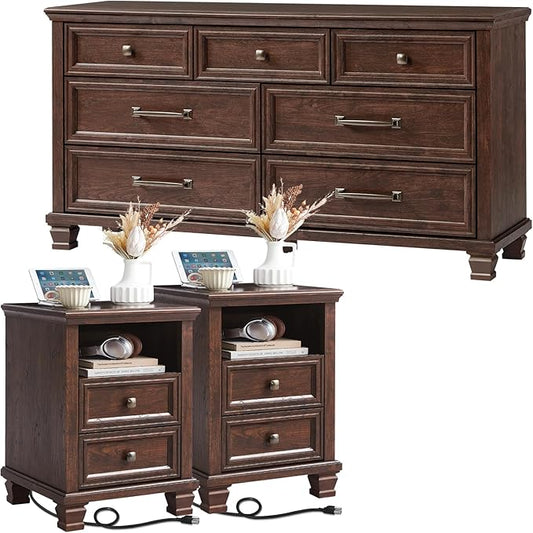 SAVOR LIFE Farmhouse Bedroom Dresser and Nightstand Set, 7 Drawer Dresser & 2 Drawer Nightstand Set, Rustic Wood Bedroom Furniture Set for Home, Hallway, Walnut