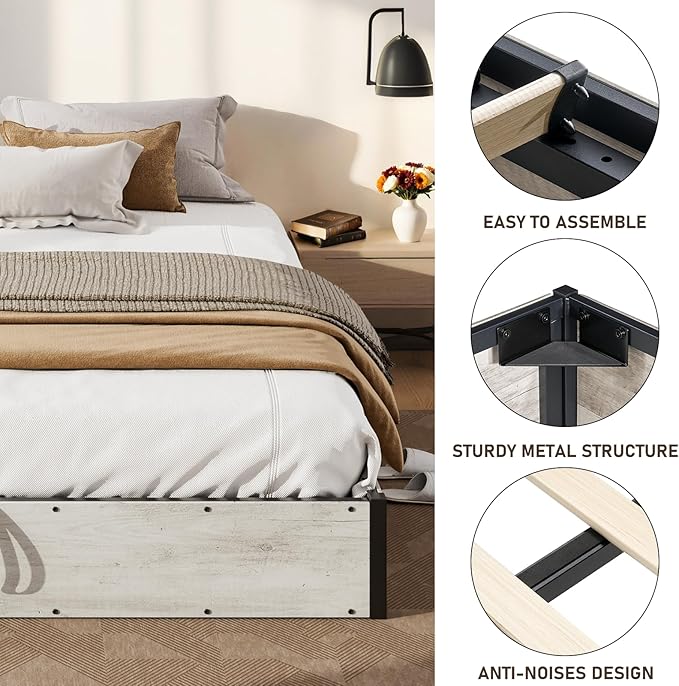LUXOAK 3 Pieces Bedroom Sets, Includes Queen Size Lift Up Storage Platform Bed Frame, 2 Drawers Farmhouse Nightstand Set of 2 with Charging Station, No Box Spring Needed, White Oak