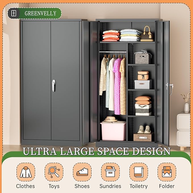Greenvelly Metal Wardrobe Cabinet with Locking Doors, 72"H Black Metal Wardrobe Closet with Hanging Rods and Adjustable Shelves, Clothing Storage Closet for Home, Office, Employee, Gym (18" D x 36” W)