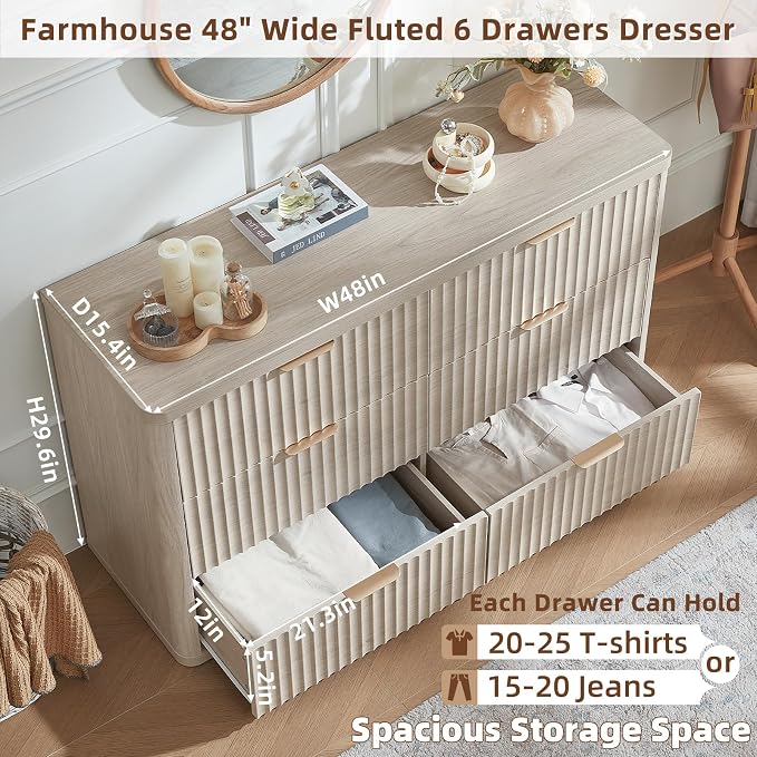 LEYAOYAO Fluted 6 Drawers Dresser Set of 2, 48" Wide Modern Chest of Drawers with Metal Handle, Light Grey Curved Profile Dresser TV Stand, Wooden Drawer Organizer for Bedroom, Living Room, Hallway - Image 2
