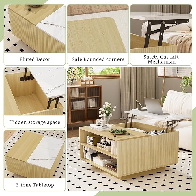 Lift Top Coffee Table with Storage, Fluted Natural Wood Square Center Table with Open Storage, Living Room Central Table w/Large Hidden Space, for Living Room, Bedroom, Home Office