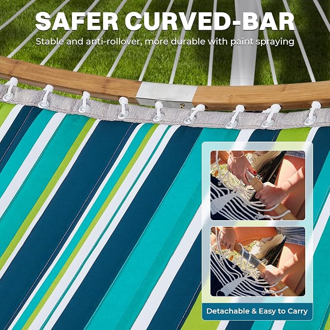 SUPERJARE Curved-Bar Hammock with Stand, 2 Person Heavy Duty Hammock Frame, Detachable Pillow & Portable Carrying Bag, Perfect for Outdoor & Indoor, Blue-Green Stripe - Image 7