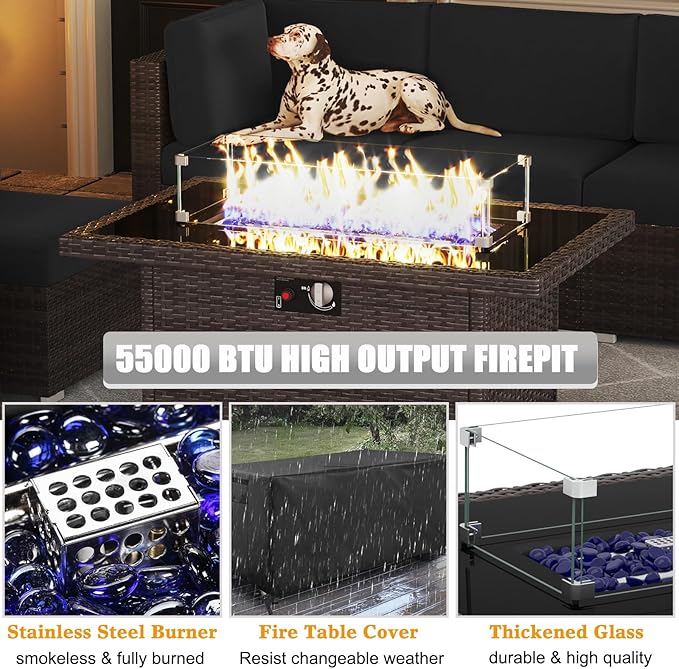 LayinSun 8 Piece Patio Furniture Set with 44" Propane Gas Fire Pit Table, Outdoor Sectional Conversation Set Wicker Rattan Sofa Set with Coffee Table