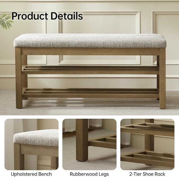 VKNOW Entryway Bench, 44.3” Upholstered Shoe Storage Bench for Bedroom, 2-Tier Storage End of Bed Bench with Rubberwood Legs for Living Room, Hallway, Brown - Image 4