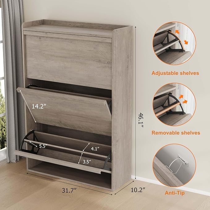 GarveeHome Shoe Cabinet with 3 Flip Drawers, Wooden Shoe Organizer Cabinet with Adjustable Shelf, Shoe Storage for Entryway, Hidden Shoe Cabinet for Hallway, Living Room, Grey - Image 2