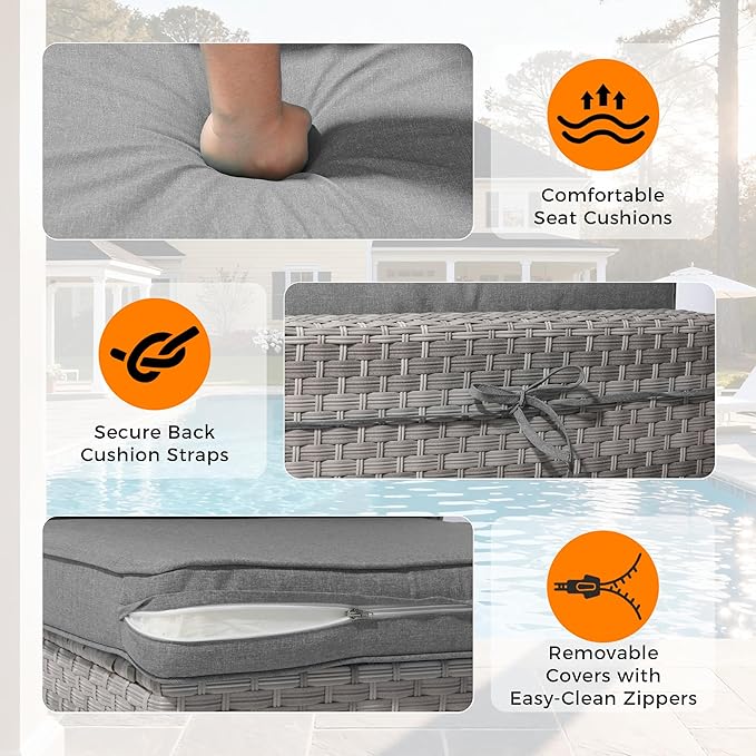 6-Seat Modular Patio Furniture Set – Outdoor Wicker Sectional Sofa with Thick 4″ Cushions, Dual-Strand PE Rattan, Rust-Resistant 18 mm Steel Frame, Backyard Garden Deck Lounge,Gray