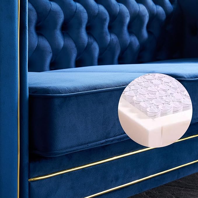 KEIKI 85" Chesterfield Velvet Tufted Button Sofa with Deep Seat Cushions and Rolled Arms, Modern Style 3-Seater Couch Decorated with Gold Strip, Easy Assembly, for Living Room, Bedroom, Office, Blue