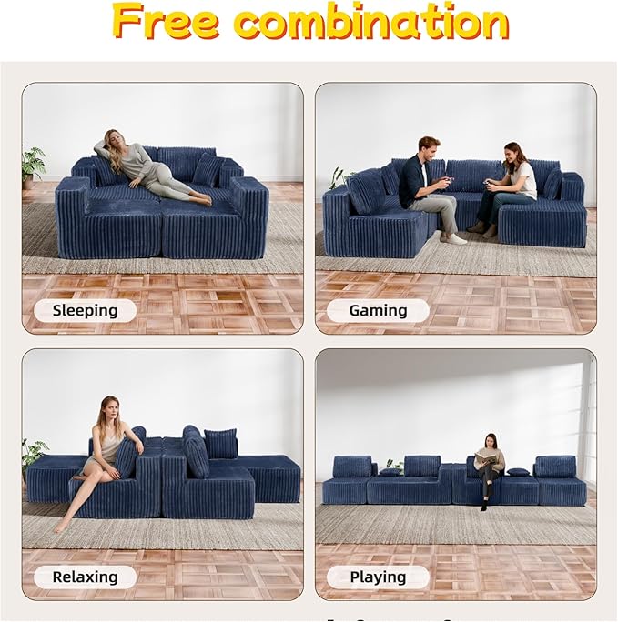 132" U Shaped Boneless Couch, Cloud Sectional Modular Sofa with Double Chaise Lounge, Corduroy Cloud Couch with Pillows & Deep Seat, Boneless Sofa for Living Room, Blue