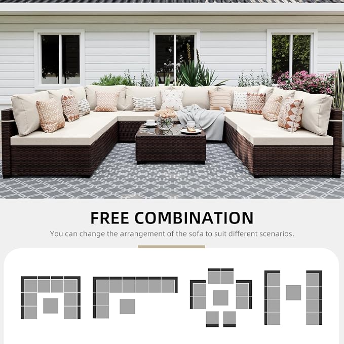 UPHA 9 Pieces Patio Furniture Sets, Wicker Outdoor Sectional Sofa Couch with Coffee Table, Patio Conversation Set for Deck Backyard Garden, Brown Rattan, White Cushion