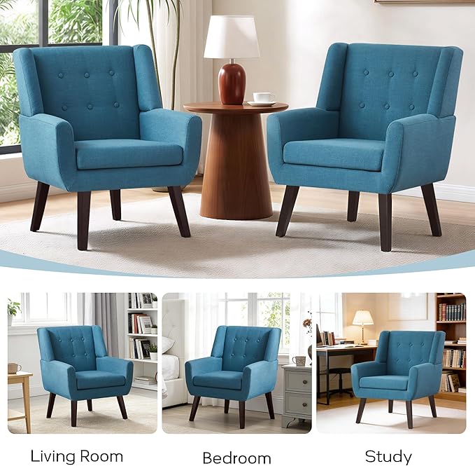 HUIMO Button-Tufted Accent Chairs,Upholstered Reading Living Room Chair,Mid Century Modern Chair with Linen Fabric, Club Chair,Comfy Arm Chairs for Living Room,Bedroom Lake Blue