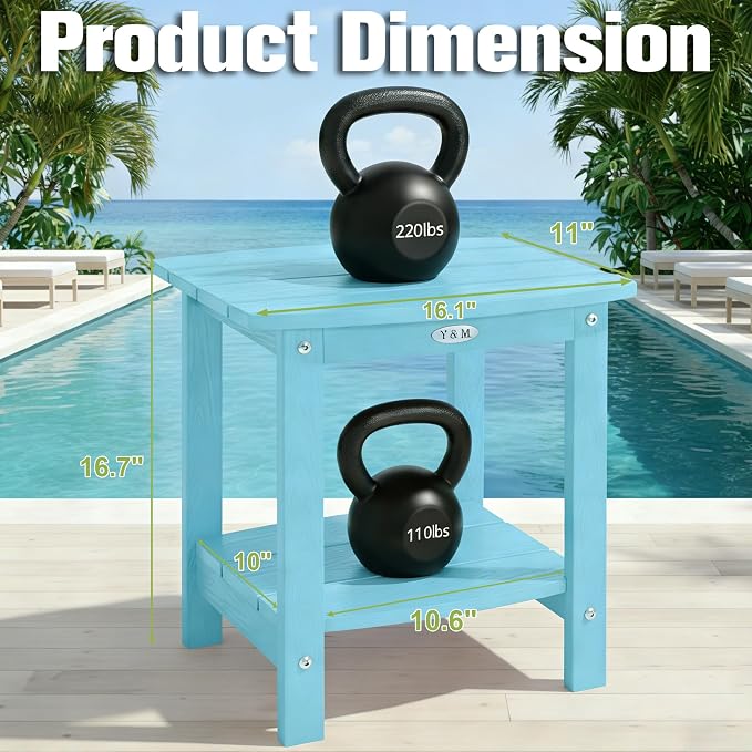 Y&M Outdoor Side Table, HIPS Adirondack Small Double Layer Table, Waterproof Square Outside Table, Balcony End Tables for Patio, Pool, Porch, Deck, Indoor or Outdoor Use, Light Blue - Image 3