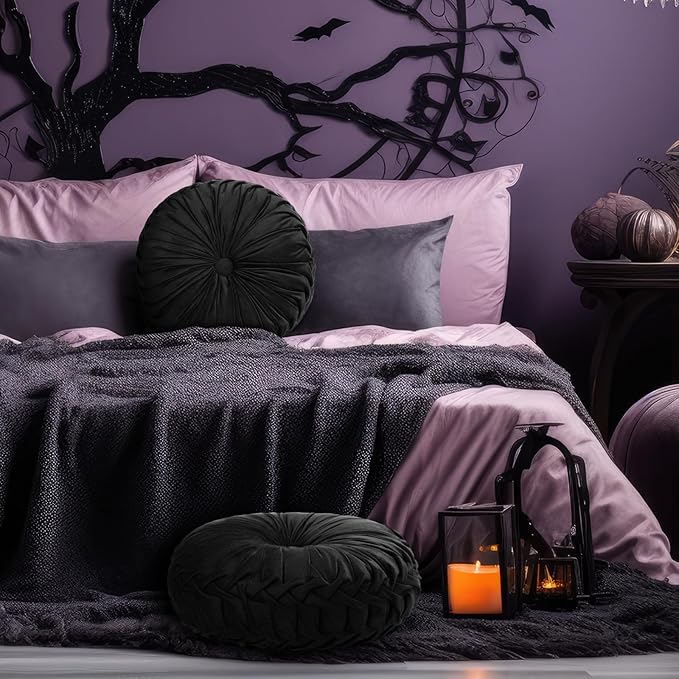 Beeveer 2 Pcs Round Throw Pillows 15 Inch Decorative Velvet Pleated Pumpkin Pillows Boho Floor Pillow with Center Button for Living Room Couch Chair Bed Sofa Home Decoration (Black)