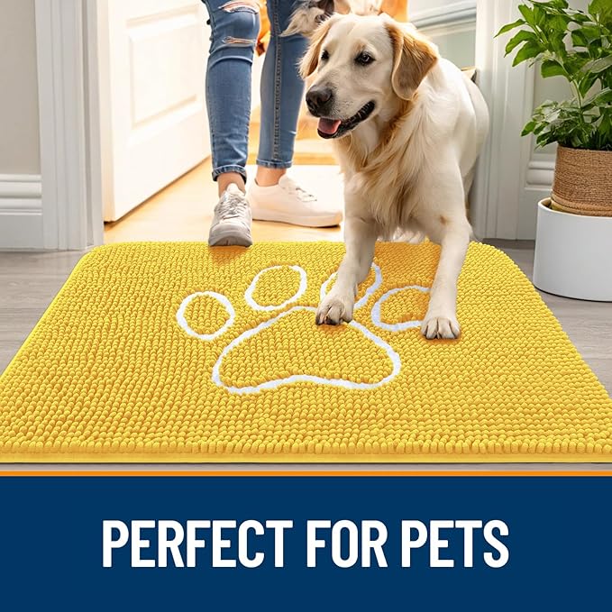 OLANLY Dog Door Mat for Muddy Paws 30x20, Paw Print Design, Absorbs Moisture and Dirt, Absorbent Non-Slip Washable Doormat, Quick Dry Chenille Mud Mat for Dogs, Entry Indoor Entryway Carpet, Yellow - Image 6
