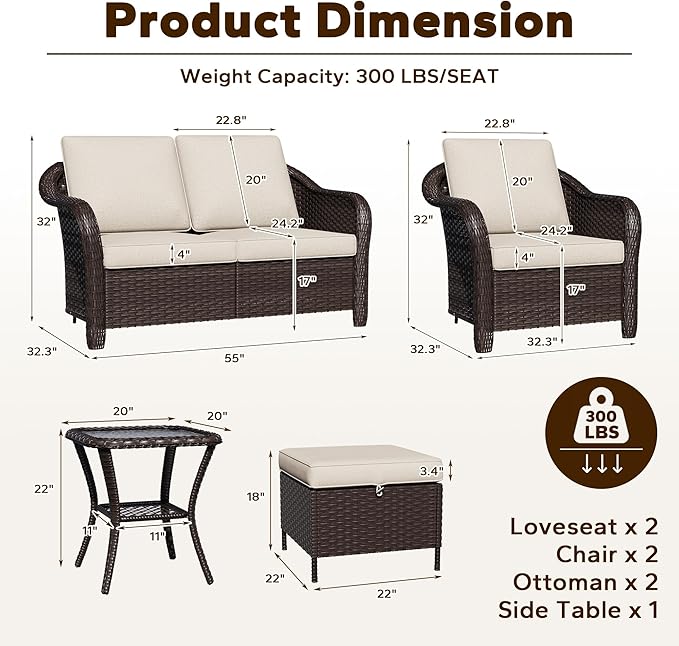 7 Piece Patio Wicker Conversation Set, 2 All-Weather Use Outdoor Wicker Loveseat with 2 PE Rattan Ottomans,2 Chair, 1 Side Table, Ideal for Porch, Backyard, Balcony, Poolside, Beige