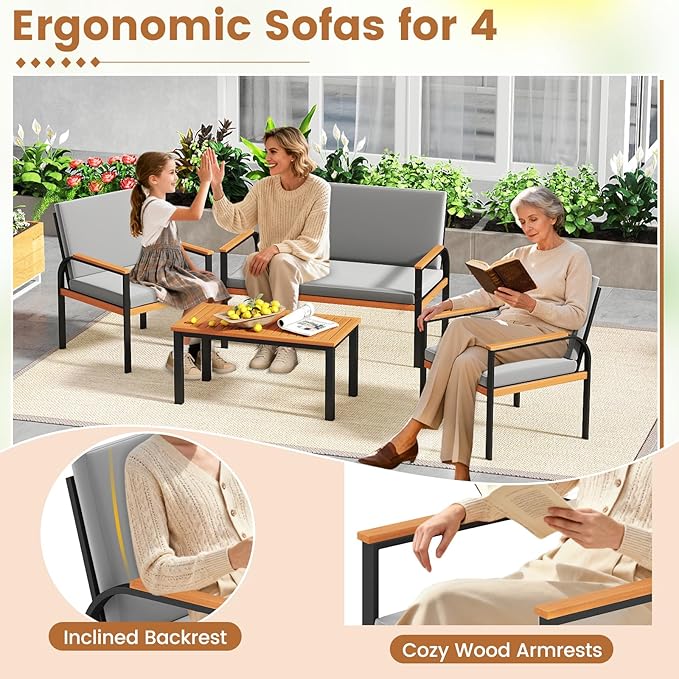 Tangkula 8 Pieces Patio Furniture Set, Outdoor Conversation Set with Acacia Wood Coffee Table, Cushioned Loveseat & 2 Single Armrest Chairs, for Porch, Garden, Backyard, Poolside
