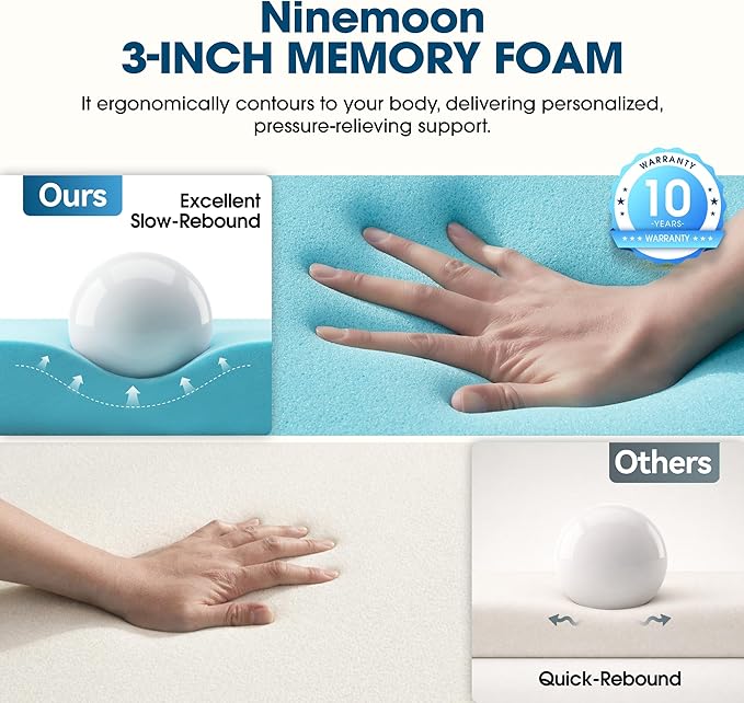 3 Inch Cooling Memory Foam Mattress Topper Queen, Gel Bed Topper for Pressure Relief, High Density Sleep Comfort with Removable & Washable Bamboo Cover
