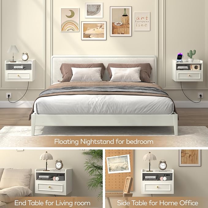 Floating Nightstand with Charging Station Set of 2, Modern Wall Mounted Bedside Tables with Drawer & Open Shelf, Modern Hanging Table with USB & Type C Ports for Bedroom, Small Spaces (AntiqueWhite) - Image 7