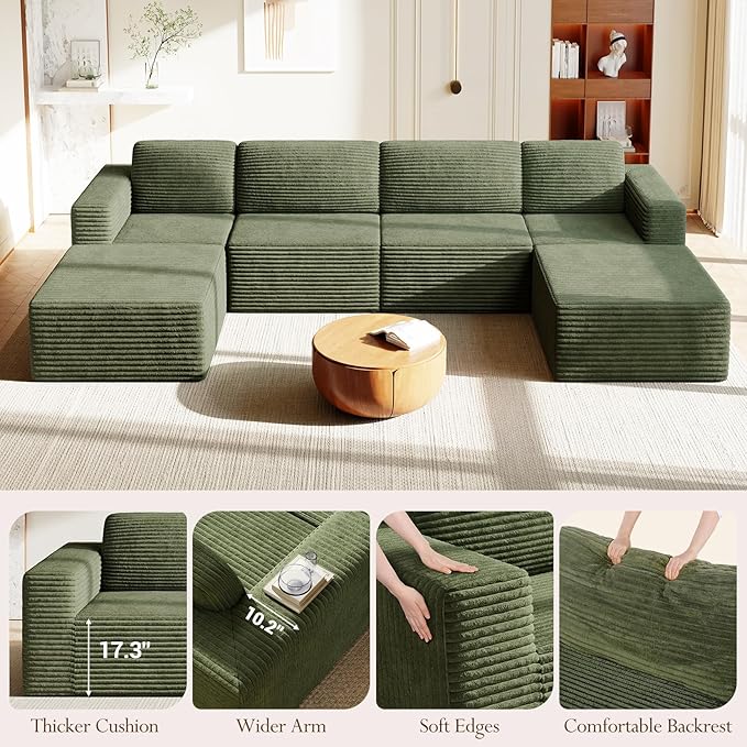 Vesgantti 159" Large Modular Sectional Sofa, U-Shaped Corduroy Cloud Couch with Deep Seats & Spring Support, 4-Seater Boneless Sofa with 2 Movable Ottomans, No Assembly Needed, Green