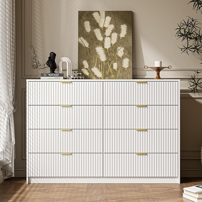 MAISONARIA 3-Piece Dresser Bedroom Set, 8 Drawer Dresser & 2 Drawer Nightstands with Gold Handles, Fluted Wood Chest of Drawers for Bedroom, Living Room, Entryway, White