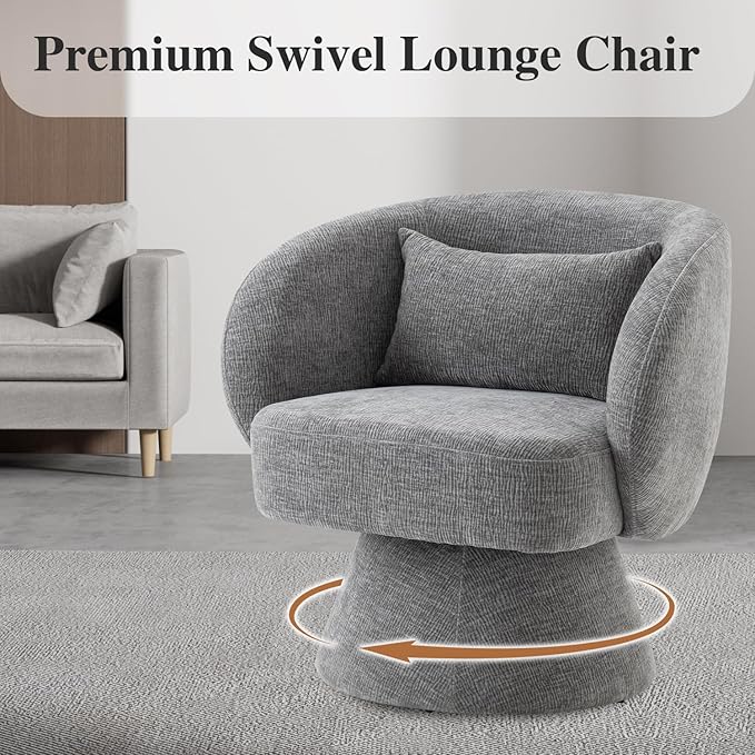 360° Swivel Accent Chair, Modern Velvet Barrel Chair with Pillow, Upholstered Single Sofa for Living Room, Bedroom, Office. Grey