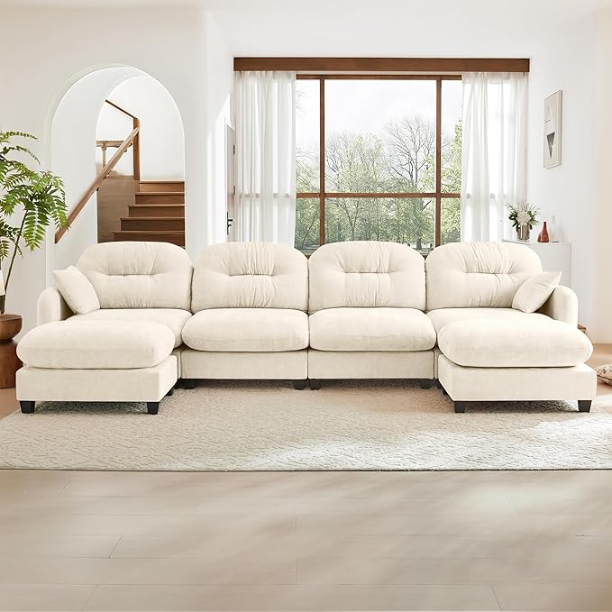 KEIKI 140" U-Shaped Oversized Chenille Modular Sectional Sofa with 2 Ottoman, High-Density Foam Cushions, Tufted Pleated Cushion Backrest, Modern 4-Seater Couch with 2 Pillow, for Living Room, Beige