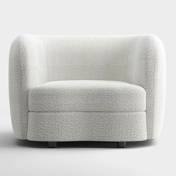 Furniture of America Nimiane Modern Boucle Barrel Chair with Curved Arms and Wooden Legs, Fabric Upholstered Armchair, Comfy Sofa Chair for Living Room, Bedroom, Home Office, Off-White