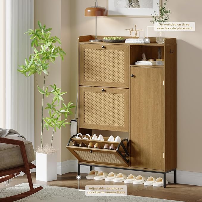 GarveeLife 3-Tier Rattan Shoe Cabinet with Flip Drawers, Adjustable Shelves and Narrow Storage Design, Perfect for Entryways, Hallways, and Bedroom Organization in Wood