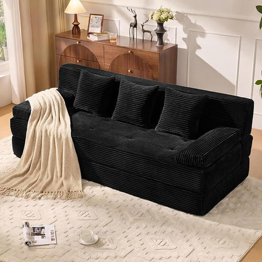 78.7IN Folding Sofa Bed - Convertible Sleeper Sofa Couch with Removable Pillows, 3 Seater Couches Bed for Living Room, Bedroom, Apartment, No Assembly Required, Freestanding, Corduroy, Black