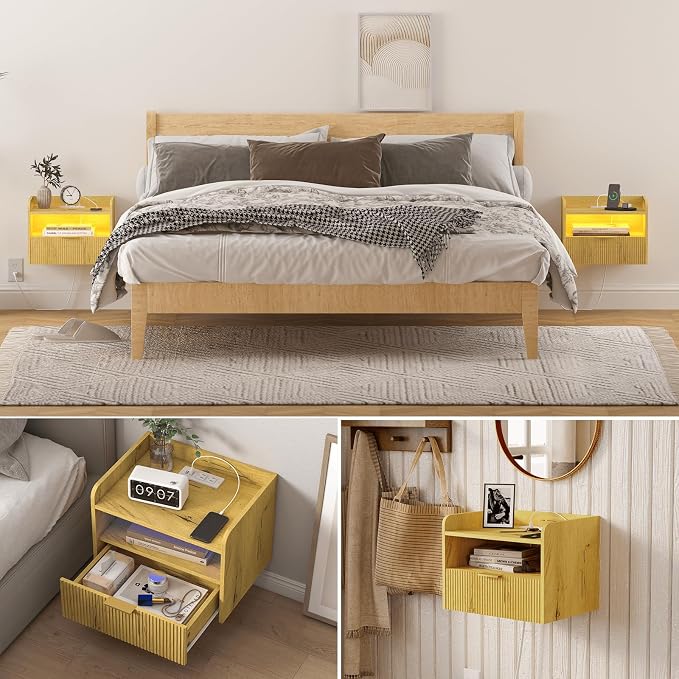 Veegle Floating Nightstand with Charging Station and LED Lights (Yellow Oak) - Image 4