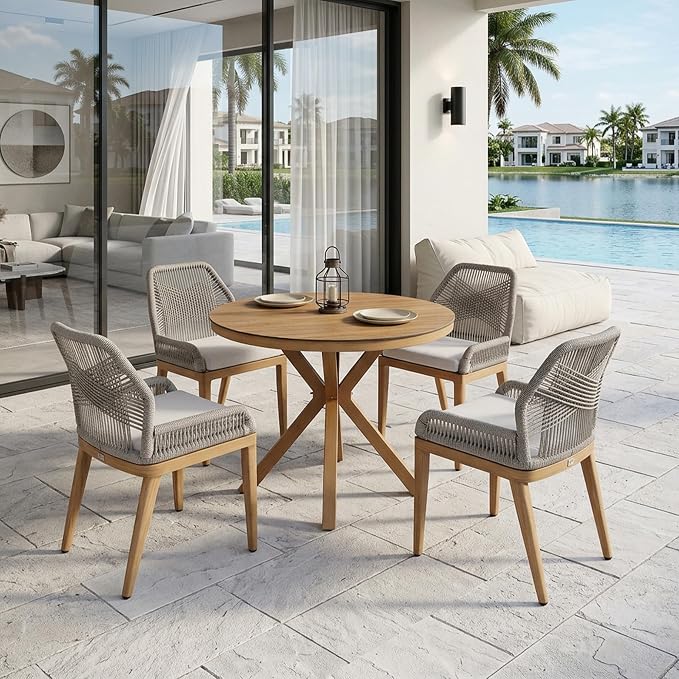 PURPLE LEAF 5 Pieces Round Dining Set Patio Aluminum Modern Round Table and Wicker Chairs with Cushions for Kitchen Porch Garden Outdoor Furniture Sets, Teak by PURPLELEAF