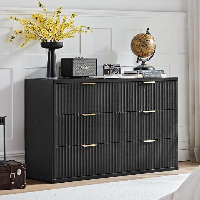 LEYAOYAO Fluted 6 Drawers Dresser Set of 2, 48" Wide Modern Chest of Drawers with Woodgrain Top, Curved Profile Design, Dresser TV Stand, Wooden Drawer Organizer for Bedroom, Living Room,Black - Image 2