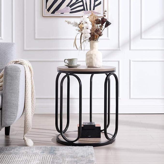 BECHAEO Small Side Table, 19.7" 2-Tier Round Bedside Table with Storage, Wood Industrial Design End Tables for Living Room, Bedroom, Office, Bathroom, Cream Brown