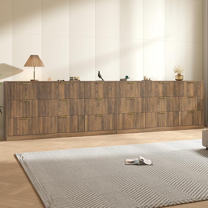 Dresser for Bedroom Set of 2, Long Dresser with 18 Drawers, Fluted Modern Bedroom Furniture Set, TV Stand Dressers & Chests of Drawers for Closet, Walnut (15.7" D x 125.8" W x 31.8" H)