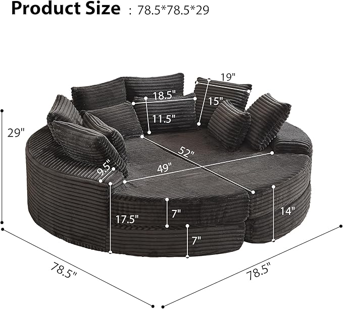 ERYE Oversized Round Sofa Chaise Daybed Comfy Corduroy Couch Boneless Sleeper Recliner Sofabed with 10 Pillows and Headrests