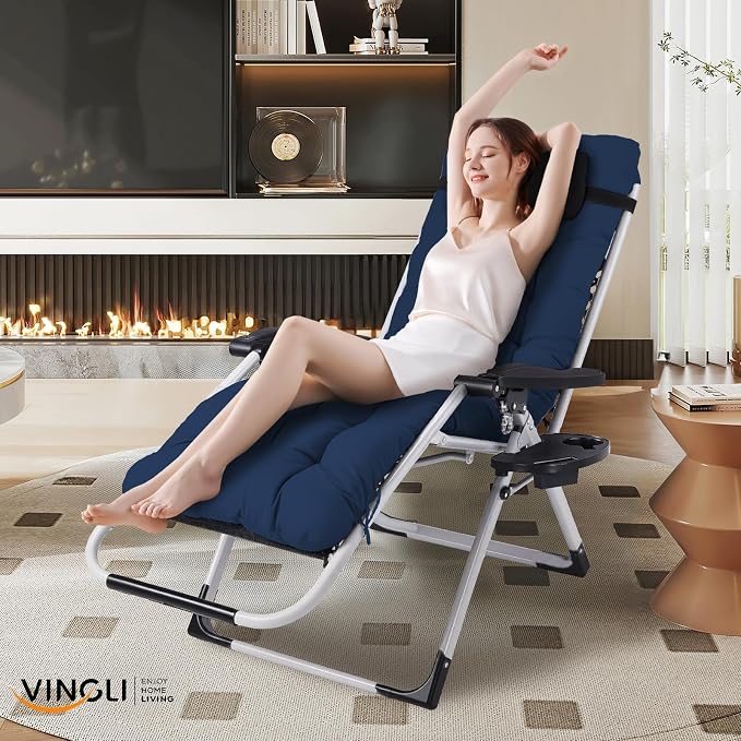 VINGLI Padded Zero Gravity Chair, Lounge Chair with Removable Cushion & Tray， Folding Reclining Patio Chairs， Recliner Chair for Lawn，Indoor and Outdoor-Blue - Image 2