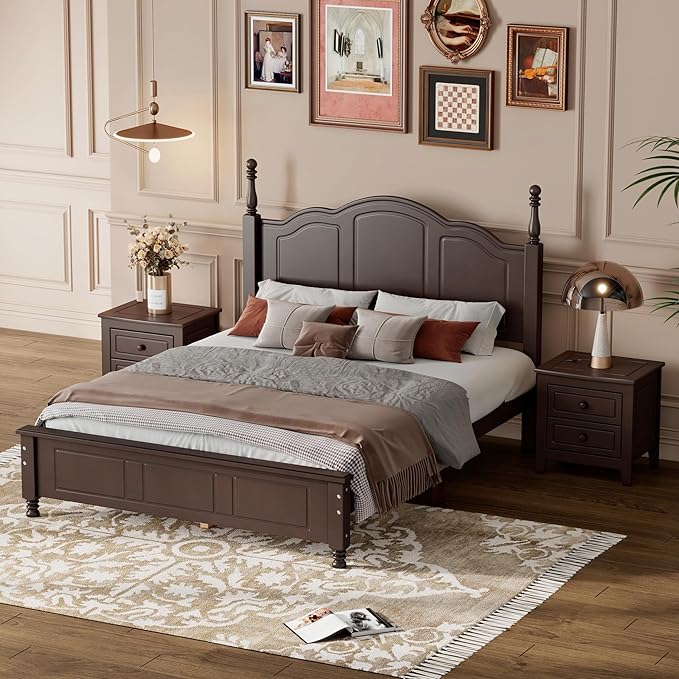 Harper & Bright Designs 3-Piece Full Bedroom Set, Retro Style Wooden Bedroom Furniture Set with Full Size Bed Frame and Two Nightstands for Kids Teens Adults Bedroom, Dark Walnut