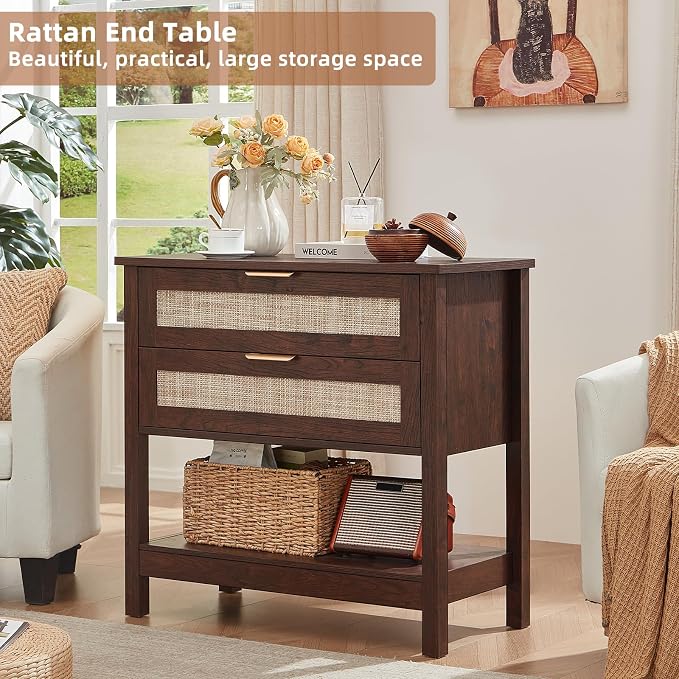 LEYAOYAO 31.5" Wide Rattan Night Stand, Large Boho Nightstand, Bedside Table with Storage, Tall Bed Side End Tables, Chest of Drawers for Bedroom, Living Room, Hallway（Walnut,2 Drawers,2） - Image 7