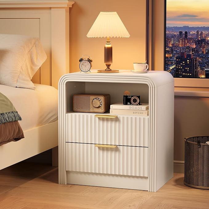 Fluted Nightstand Set of 2 with Charging Station, 19.7'' Wide Modern End Table with USB/Type-C Ports, 2 Drawers & Open Shelf, Curved Profile Design, Wood Bedside Table for Bedroom (White) - Image 8