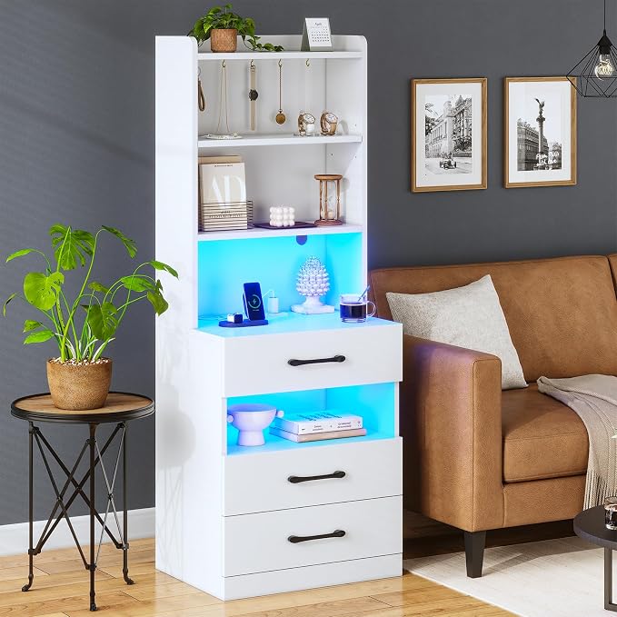 AOGLLATI Tall Nightstand Set of 2 with Charging Station and LED Lights, Night Stand with 3 Drawers and Bookshelf, White Modern Bedside Table with Storage Shelves for Bedroom - Image 2