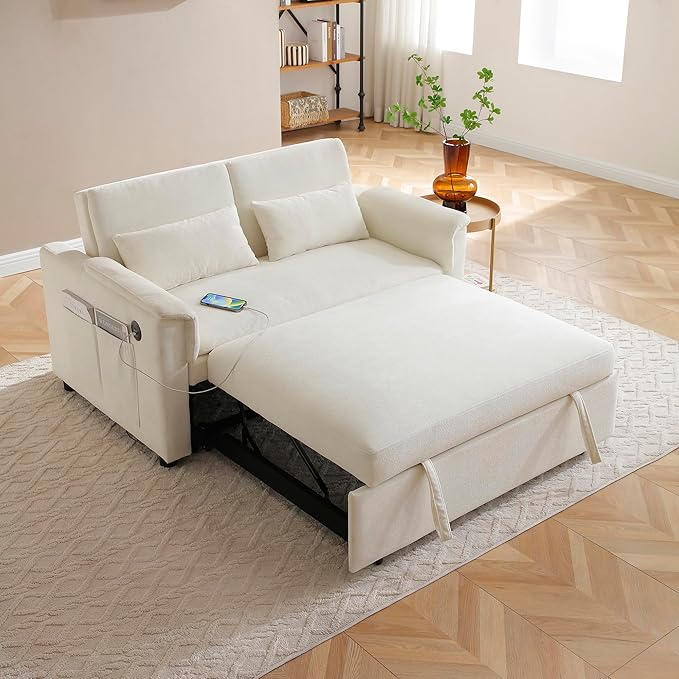 55" Convertible Loveseat Pull Out Sofa Bed for Living Room 3 in 1 Multi-Functional Sleeper Sofa Chaise Lounge Daybed Sofacama w/Adjustable Backrest,USB Ports,Side Pockets