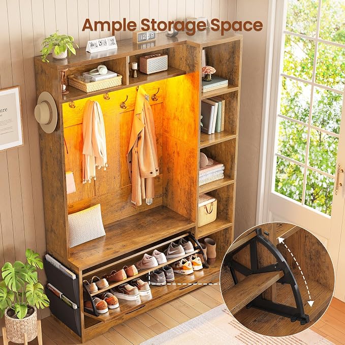 Itaar Hall Tree with Bench and Shoe Storage, Farmhouse Entryway Bench with Coat Rack, Shoe Cabinet with Flip Drawers, 7 Shelves, 10 Coat Hooks, Storage Bag, Led Lights, Rustic Brown - Image 5
