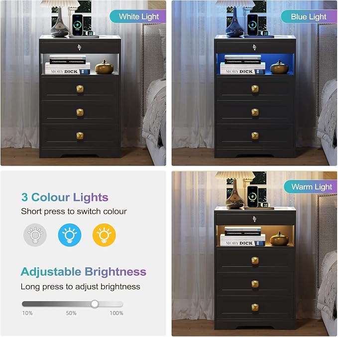 Lvifur LED Nightstand with 3 Drawers, Glass Top Bedside Table with Wireless Charging Station, Modern Night Stand with Auto Sensor, Bedroom Smart End Table (Black) - Image 3