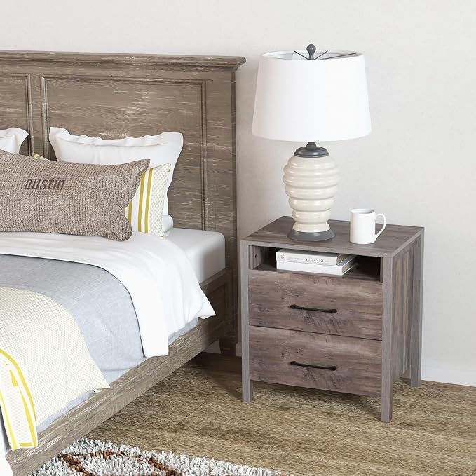 Giantex Farmhouse Nightstand Set of 2, Rustic Wood Bedside Table with 2 Storage Drawers & Open Shelf, Sofa Side Table, Versatile Night Stand for Bedroom, Grey - Image 8