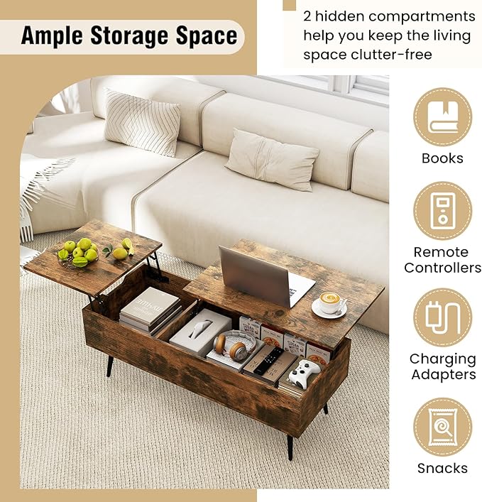 Tangkula Lift Top Coffee Table, Mid Century Modern Center Table with Split Top & 2 Hidden Compartments, Rectangle Accent Table with Tapered Metal Legs for Living Room (Rustic Brown)