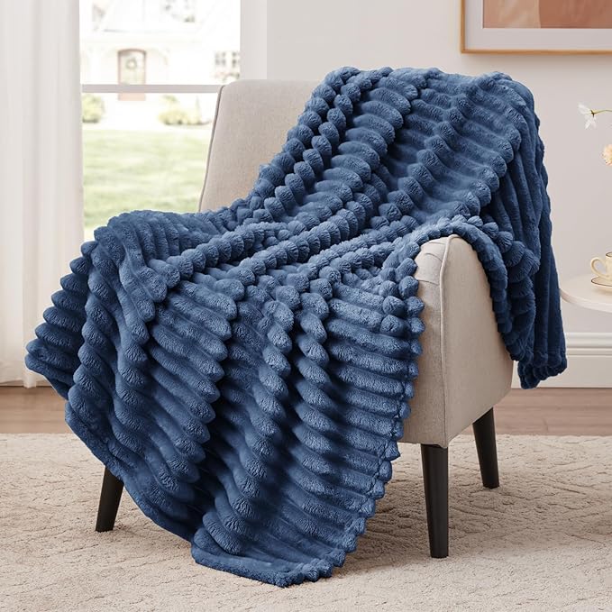 EXQ Home Fleece Blanket Twin Size for Couch or Bed - 3D Stripe Jacquard Decorative Blankets - Cozy Soft Lightweight Fuzzy Flannel Blanket Suitable for All Seasons(60"??80",Dark Blue)