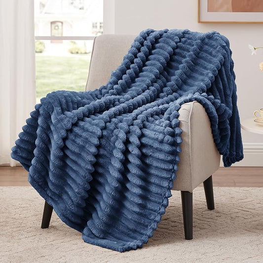 EXQ Home Fleece Throw Blanket for Couch or Bed - 3D Stripe Jacquard Decorative Blankets - Cozy Soft Lightweight Fuzzy Flannel Blanket Suitable for All Seasons(50"??60",Dark Blue)