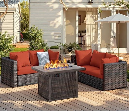 Patio Furniture Set with Fire Pit Table 5 Piece All Weather PE Rattan Outdoor Sectional Sofa Couch with 4 x arm Sofa, No-Slip Cushions for Garden, Poolside, Backyard (Red)
